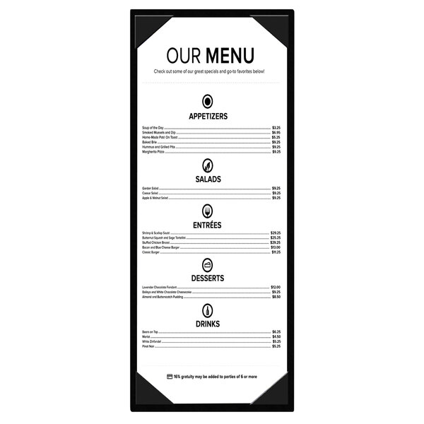 A Menu Solutions Chadwick Collection leather-like menu cover with black text on a white background.