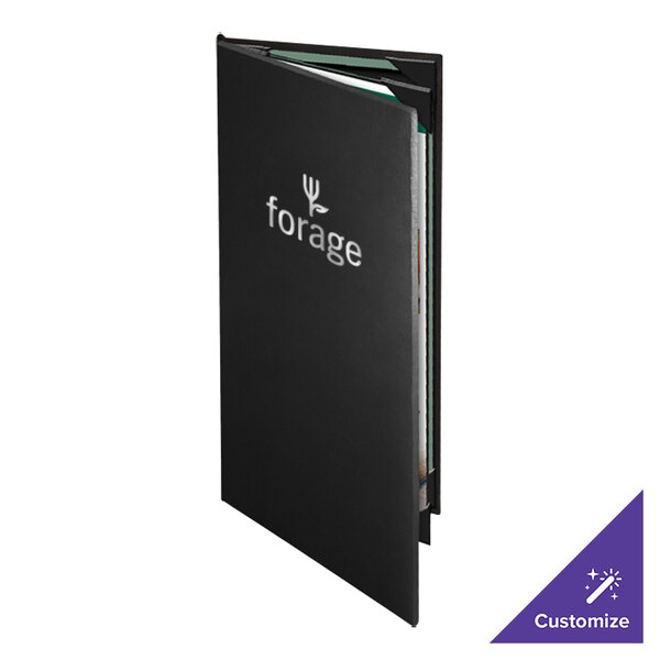 A black leather-like Menu Solutions booklet cover with a white logo.