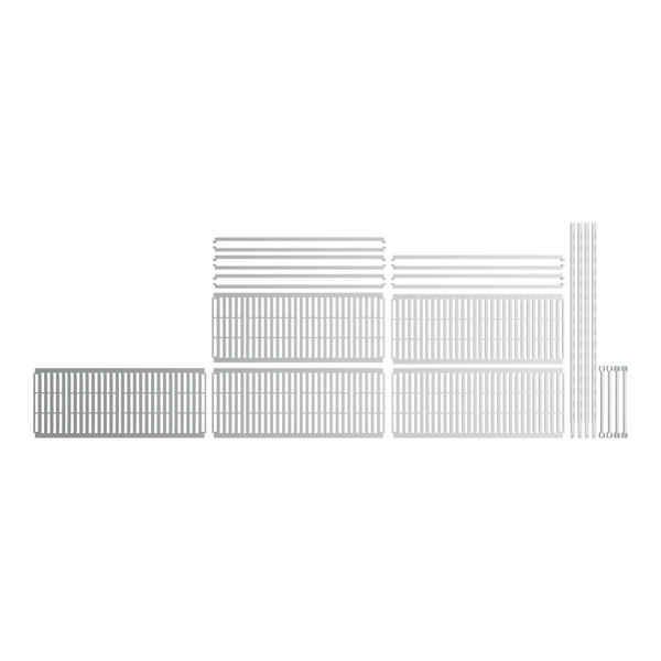 A white rectangular metal shelving unit with 5 vented shelves and metal rods.