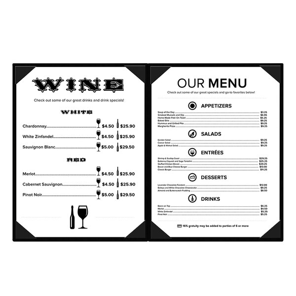 A Menu Solutions Chadwick Collection menu cover with a black and white design on a white background.