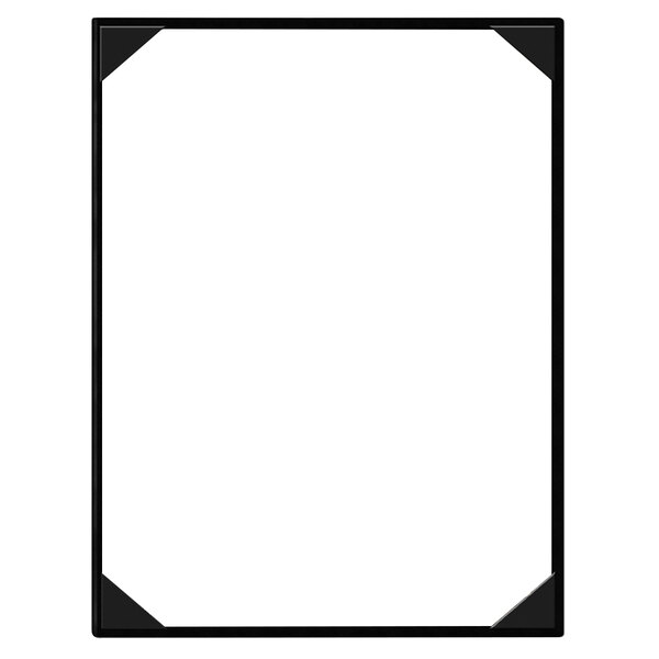 A black rectangular leather-like menu cover with a white background.