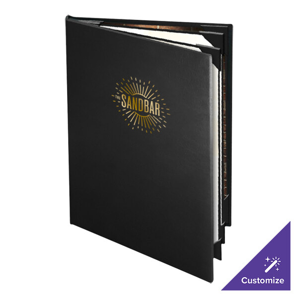 A black leather-like Menu Solutions booklet cover with gold foil on the cover.