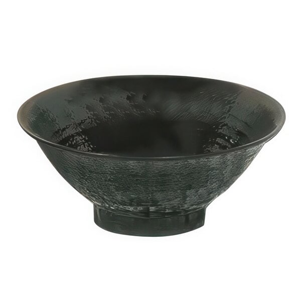 A black Thunder Group Tenmoku Melamine soup bowl with a black rim.