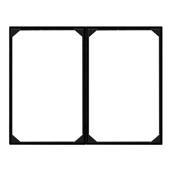 A black rectangular menu cover with white edges.