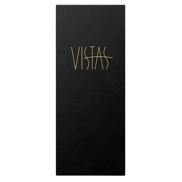 A black rectangular leather-like Menu Solutions menu cover with gold foil text.