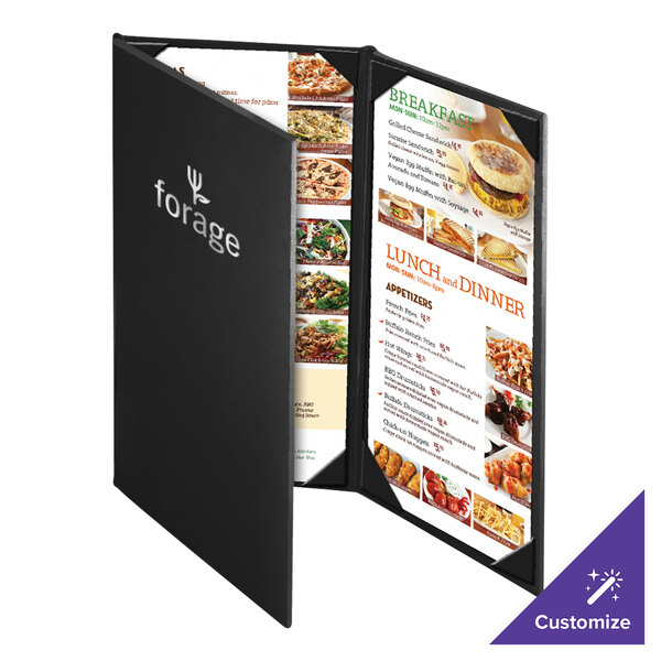 A customizable black leather-like menu cover with a white background.