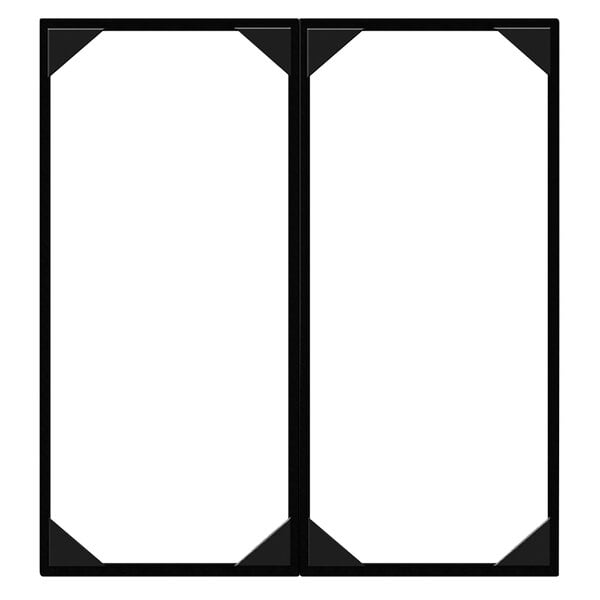 A black rectangular leather-like menu cover with white interior panels.