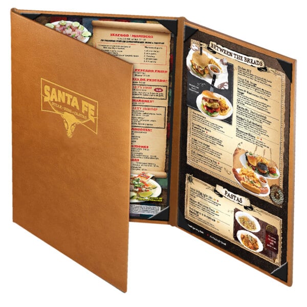 A brown Menu Solutions Bella Collection menu cover on a table with food.