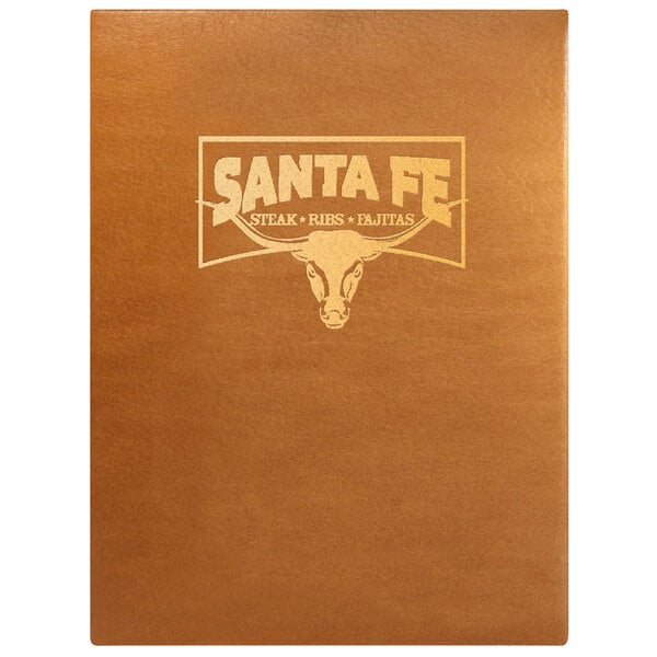 A brown leather Menu Solutions Bella Collection menu cover with a logo on it.