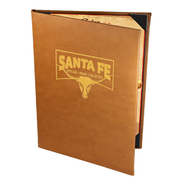A brown leather Menu Solutions Bella Collection menu cover with a logo on it.