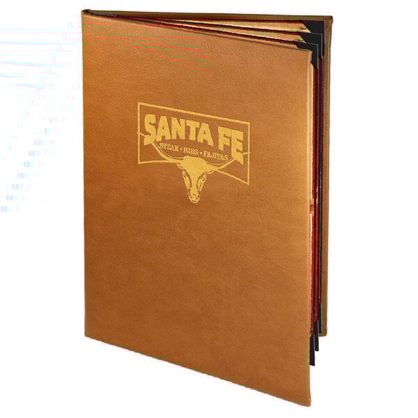 A brown leather Menu Solutions Bella Collection menu cover with a logo on it.