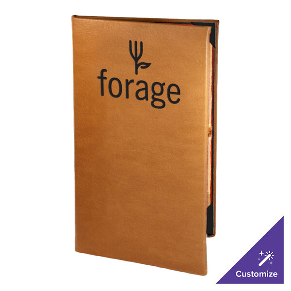 A brown leather Menu Solutions booklet with a logo on the cover.