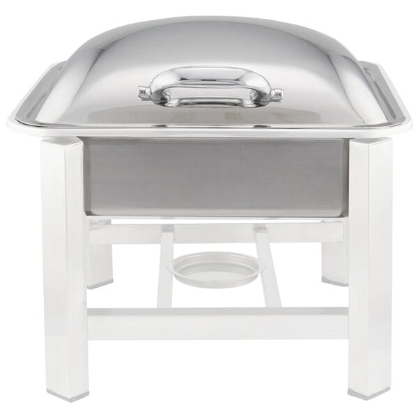 A Bon Chef stainless steel square induction chafer on a stand with a lid.