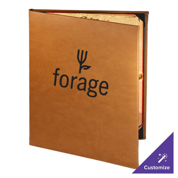 A brown leather Menu Solutions Bella menu cover with black text.