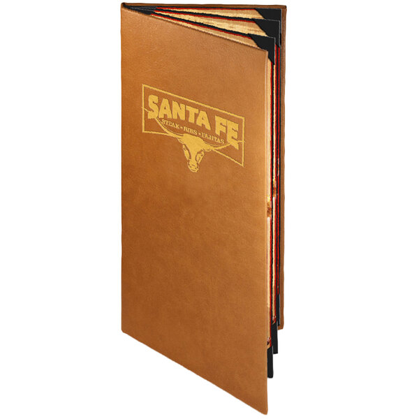 A brown leather Menu Solutions Bella Collection menu cover on a table.