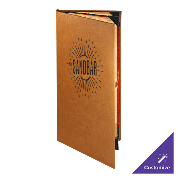 A brown Menu Solutions Bella Collection soft leather-like menu cover with black text on it.