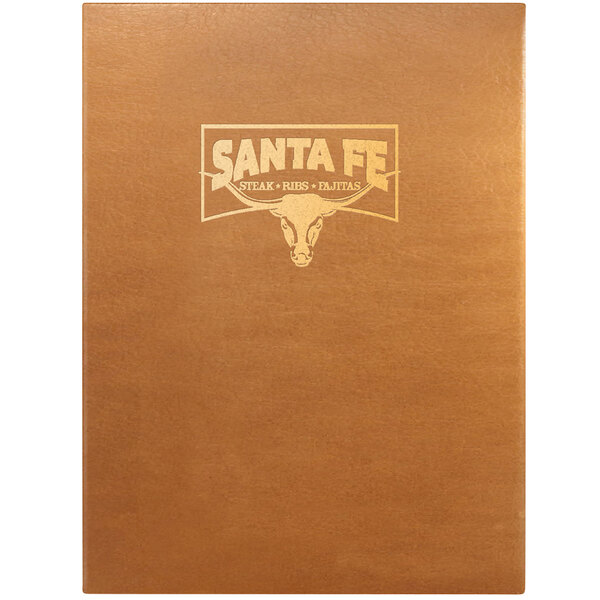 A brown leather Menu Solutions Bella Collection menu cover with a logo on a table.