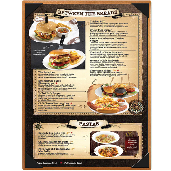 A Menu Solutions Bella Collection menu cover with customizable pages on a wooden table with a menu of a burger, fries, and pizza.