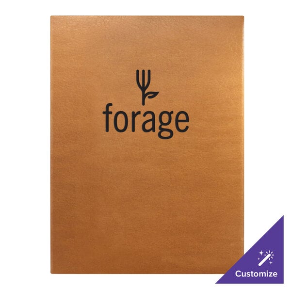 A brown leather Menu Solutions Bella menu cover with black text.