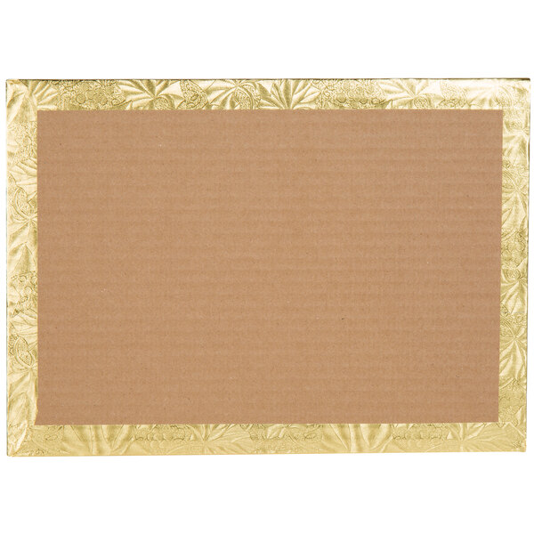 A brown cardboard 1/4 sheet cake board with a gold border.