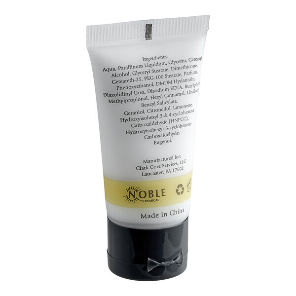 A small tube of Novo Essentials hotel and motel body lotion.