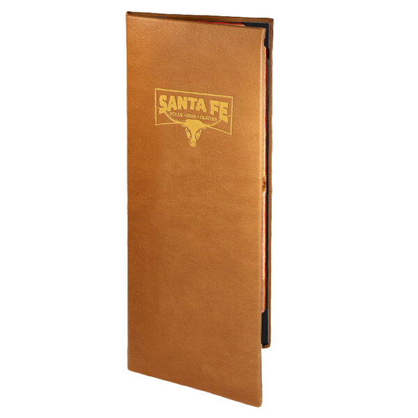 A brown leather Menu Solutions Bella Collection booklet menu cover on a brown table with a logo.