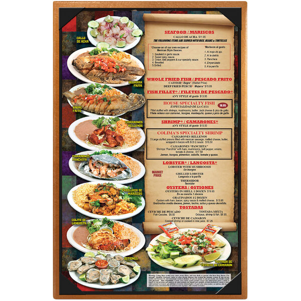 A Menu Solutions Bella Collection leather-like menu cover on a table with a plate of food.