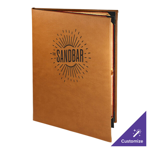 A brown leather Menu Solutions booklet cover on a table with the word "Sandbar" on it.
