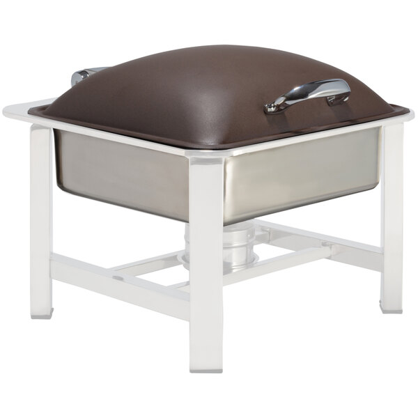 A metal square Bon Chef chafer with a brown lid.