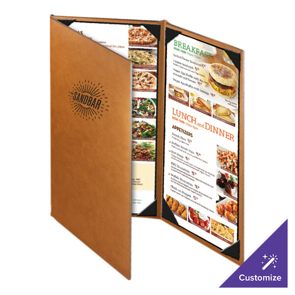 A brown Menu Solutions Bella Collection continuous menu cover.