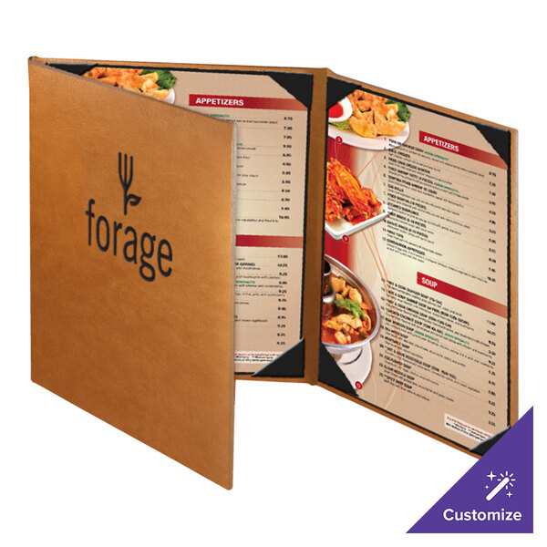 A brown Menu Solutions Bella Collection leather-like menu cover with 3 views.