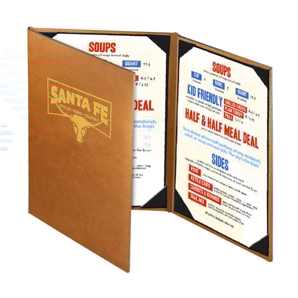 A brown leather menu cover with a customizable logo.