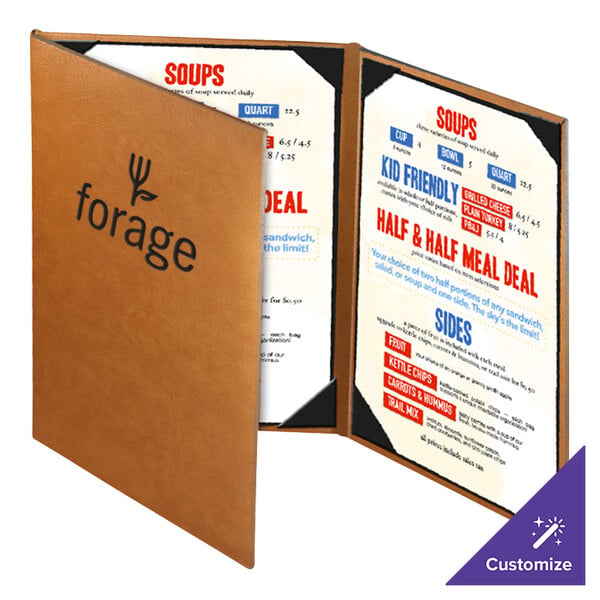 Menu Solutions BEL30B Bella Collection 5 1/2" x 11" Customizable Soft Leather-Like 3 View Continuous Menu Cover