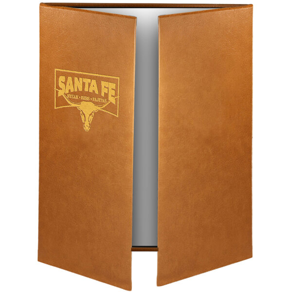 A brown leather Menu Solutions Bella Collection menu cover with a logo on it.