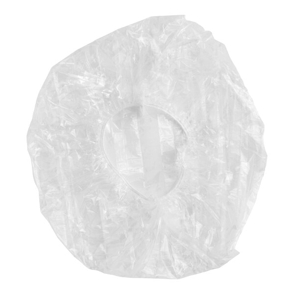 A clear disposable hotel and motel shower cap.