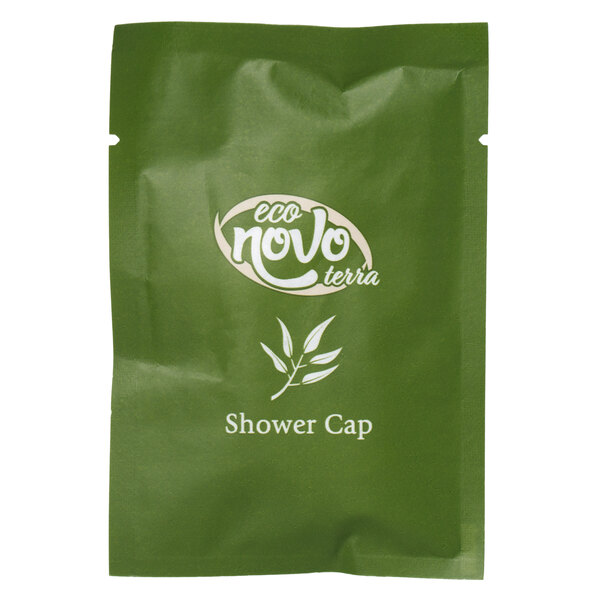 A green and white Noble Eco Novo Terra shower cap bag with white text.