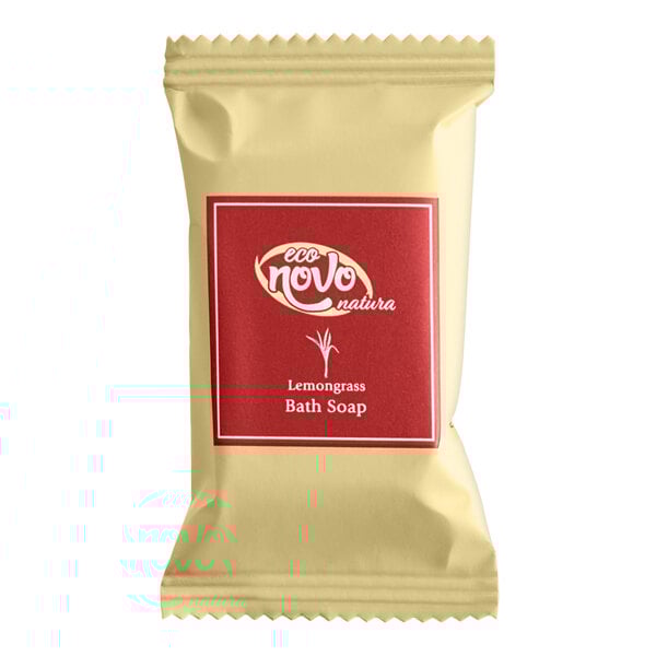 A yellow bag of Noble Eco Novo Natura hotel soap bars with a red label.