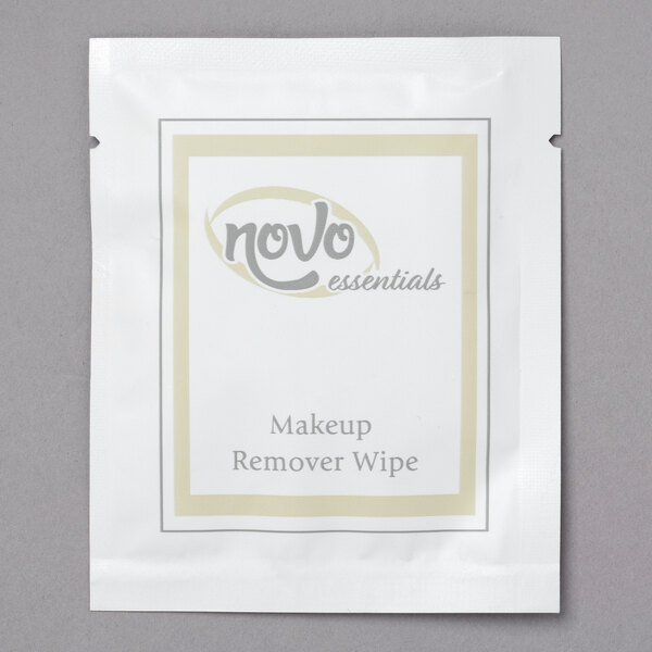 A white Novo Essentials package of makeup remover wipes with a white and grey label.