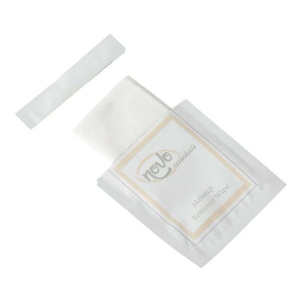 A single-use Novo Essentials makeup remover wipe in an individual packet.