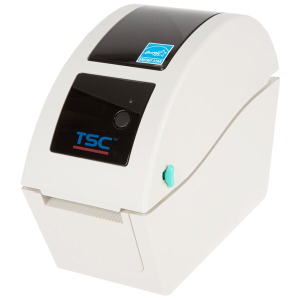 A white label printer with a black and blue label.