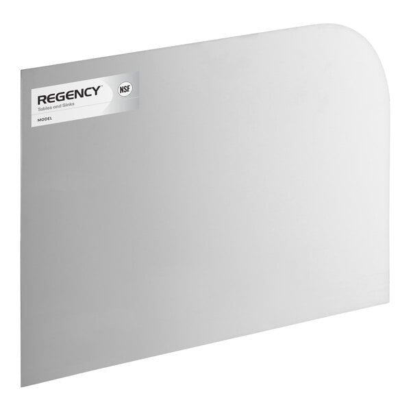 A rectangular stainless steel panel with a rounded top right corner and a label in the upper left corner.