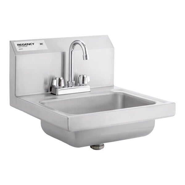 A stainless steel wall-mounted hand sink with a deck-mounted gooseneck faucet.