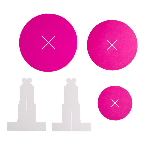 A set of pink and white cardboard pieces for assembling a 3-tier disposable cupcake or treat stand.