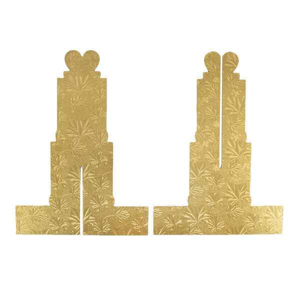 A gold rectangular Enjay cupcake stand with three tiers and a pattern of cutouts of wedding cakes.