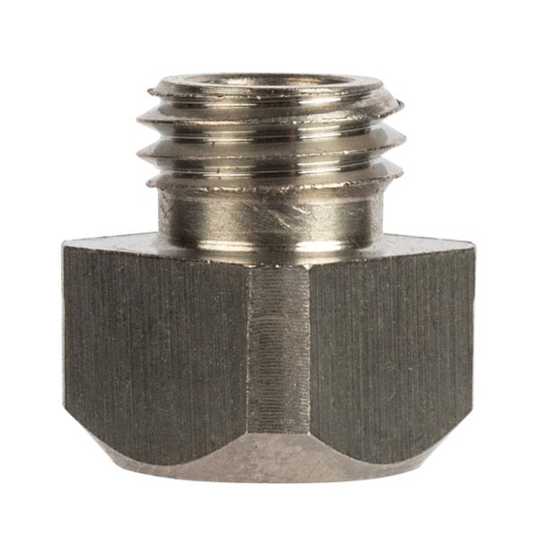 A close-up of a stainless steel threaded nut with a square head.