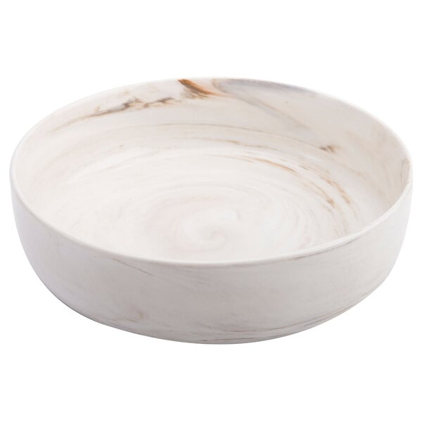 A white Oneida Marble porcelain bowl with a swirl pattern.