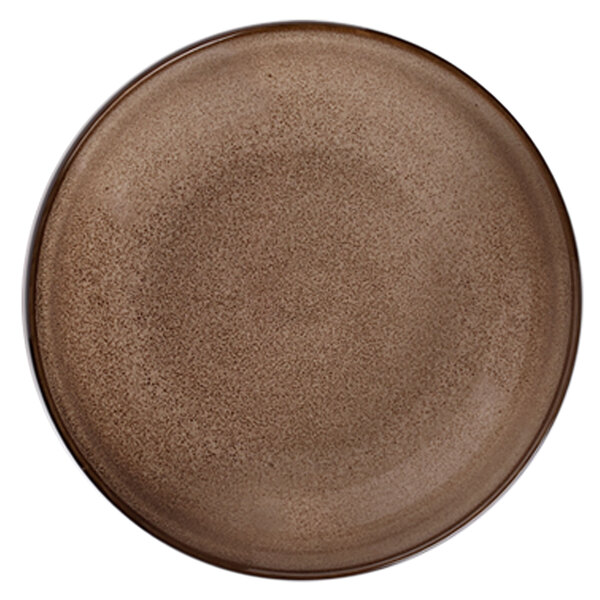 A brown plate with a brown rim.