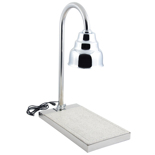 A Bon Chef carving station with a chrome lamp over a white surface.