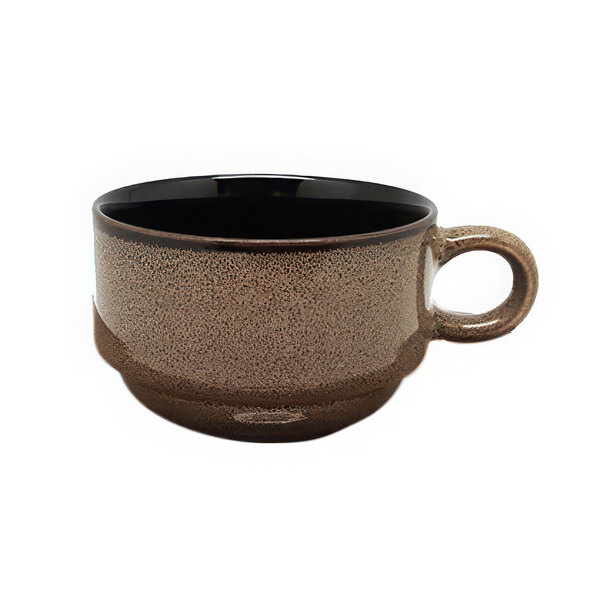 A brown and black Luzerne Rustic by Oneida espresso cup.