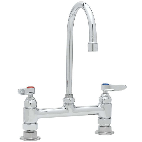 A chrome T&S deck-mounted pantry faucet with swivel gooseneck nozzle and wrist action handles.